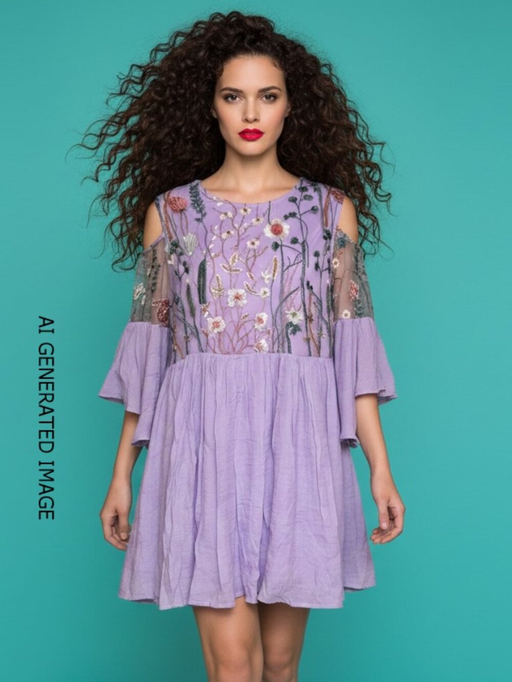 Lemon Tree Heavy Embroidered Crinkled Purple Bell Sleeve Dress Size S
